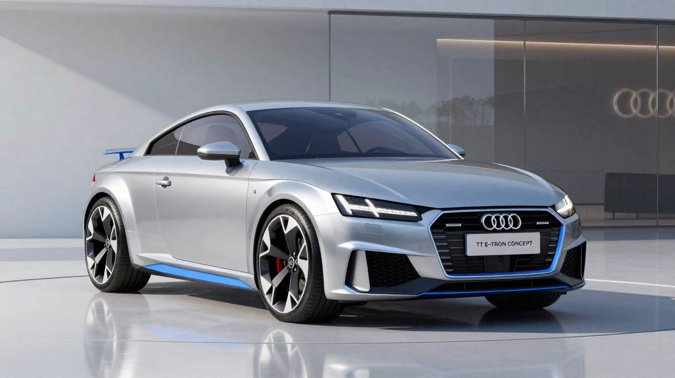 Audi TT RS cinzento prata com detalhes azuis numa exposição moderna e elegante.