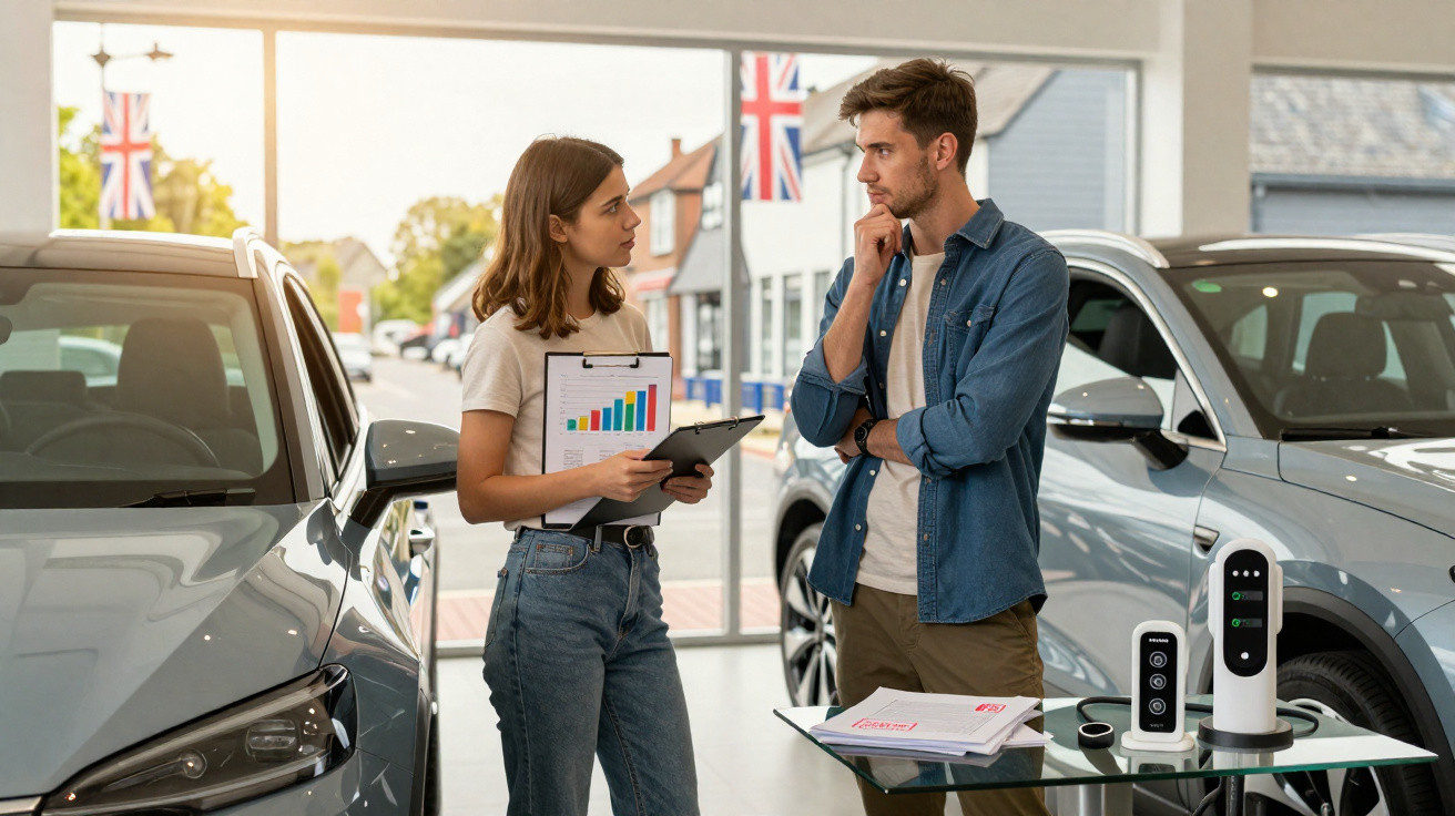 Homem e mulher discutem gráficos enquanto analisam carregador de carro elétrico numa concessionária.