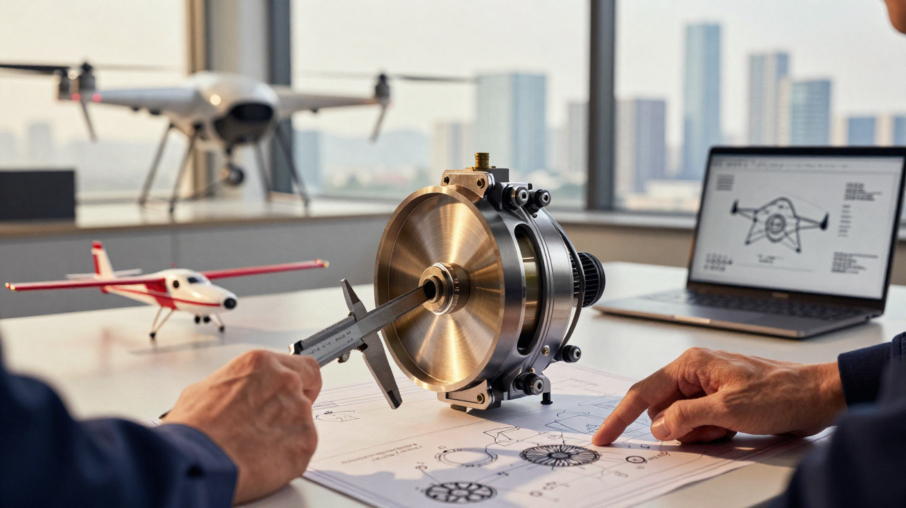 Engenheiros a analisar um protótipo mecânico com modelos de aviões e desenhos técnicos numa mesa.