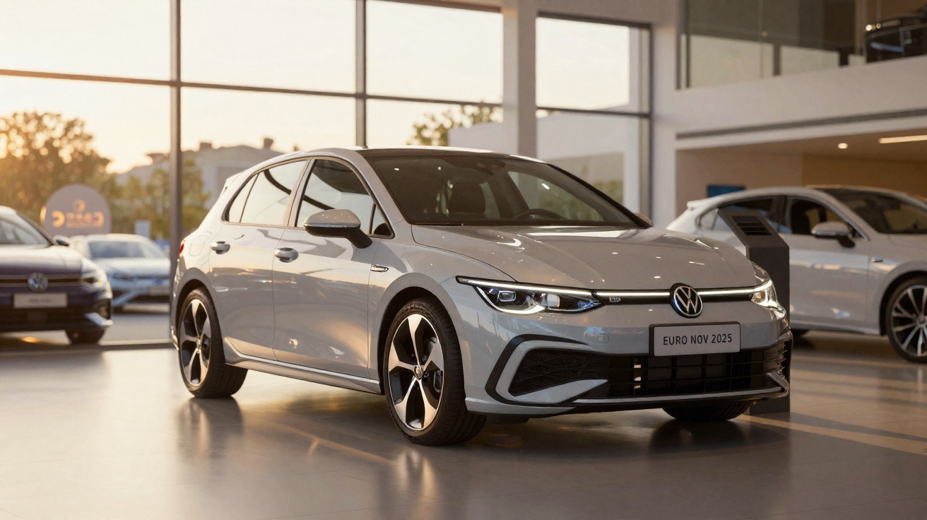 Carro Volkswagen prata elétrico em exposição numa sala de showroom com luz natural ao entardecer.