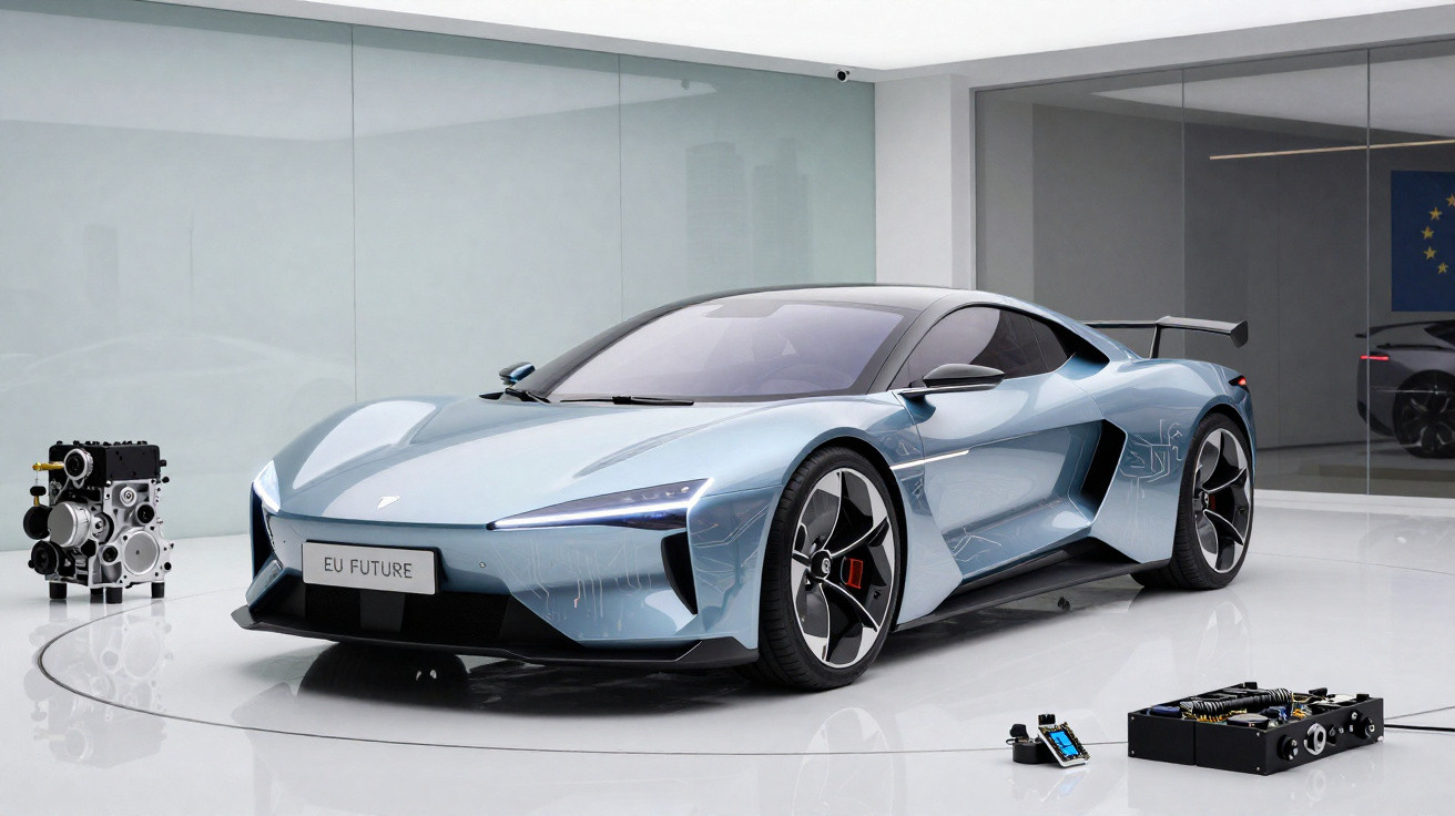 Carro desportivo elétrico azul claro numa sala branca futurista com componentes mecânicos expostos.