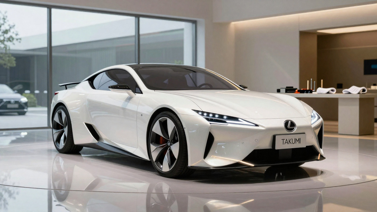 Carro desportivo branco Lexus estacionado em salão moderno com janelas grandes.