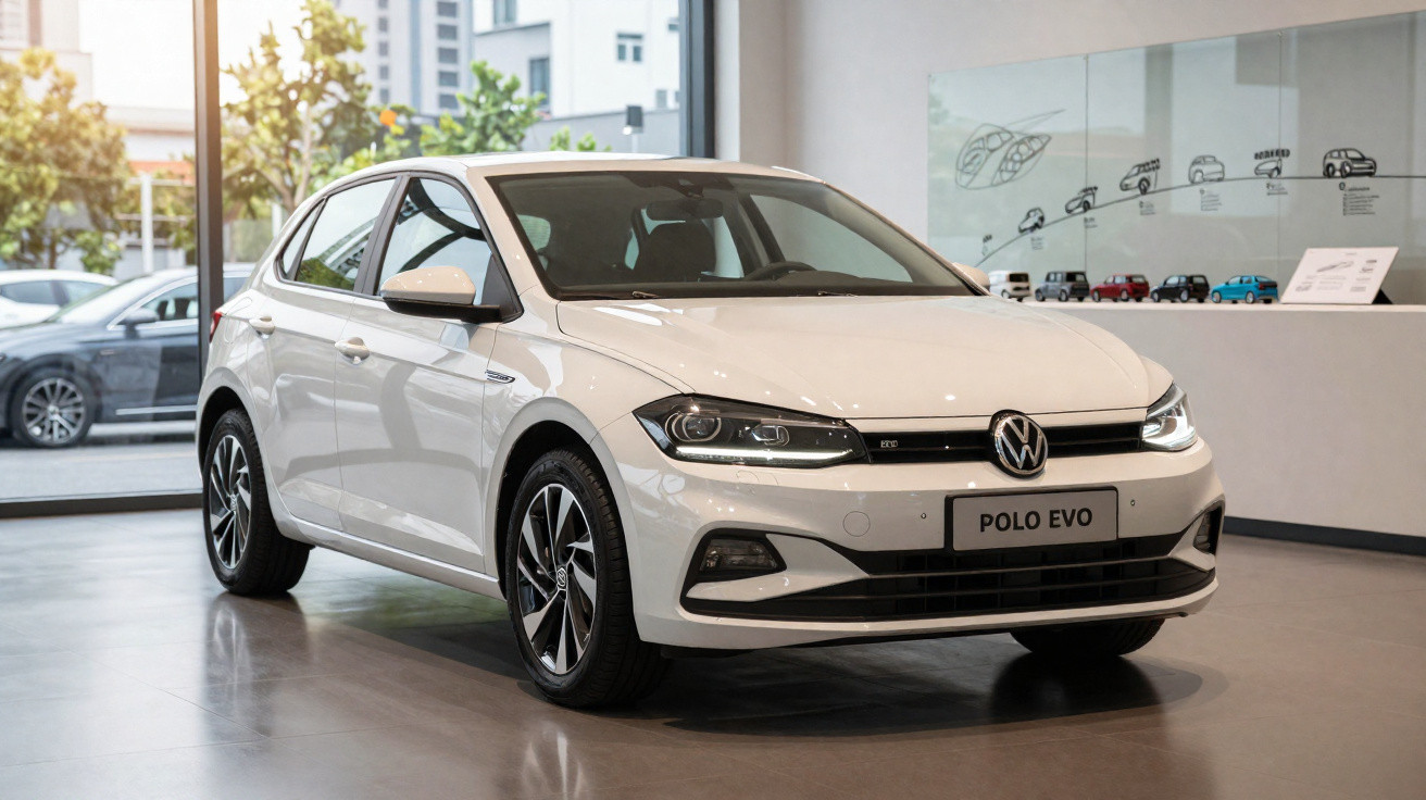 Carro Volkswagen Polo Evo branco estacionado numa sala de exposição com janelas grandes ao fundo.