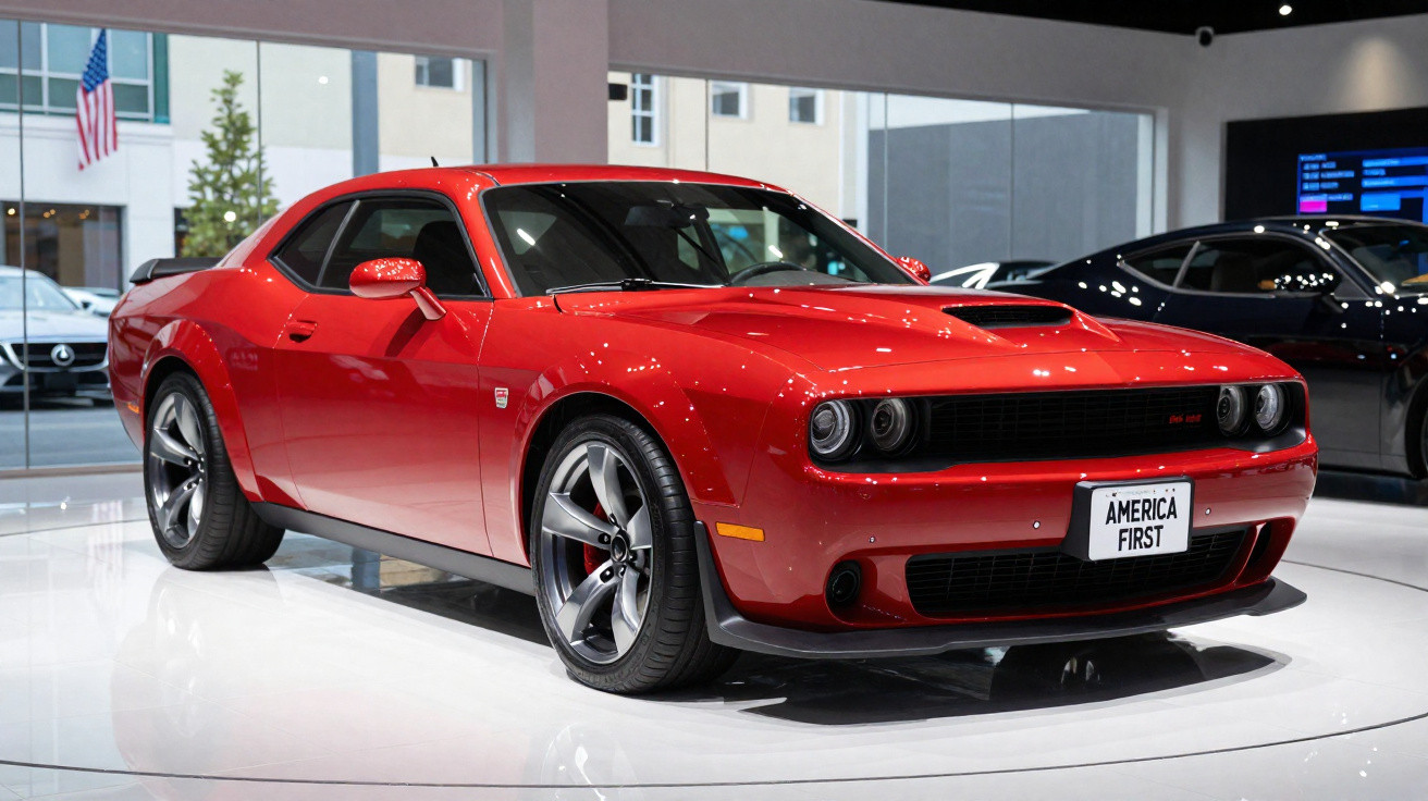 Carro desportivo vermelho Dodge Challenger com matrícula "AMERICA FIRST" em exposição interior.