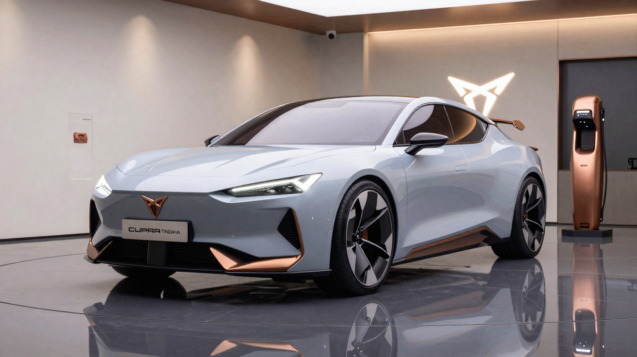 Automóvel desportivo elétrico prateado em exposição com design moderno e detalhes em cobre.