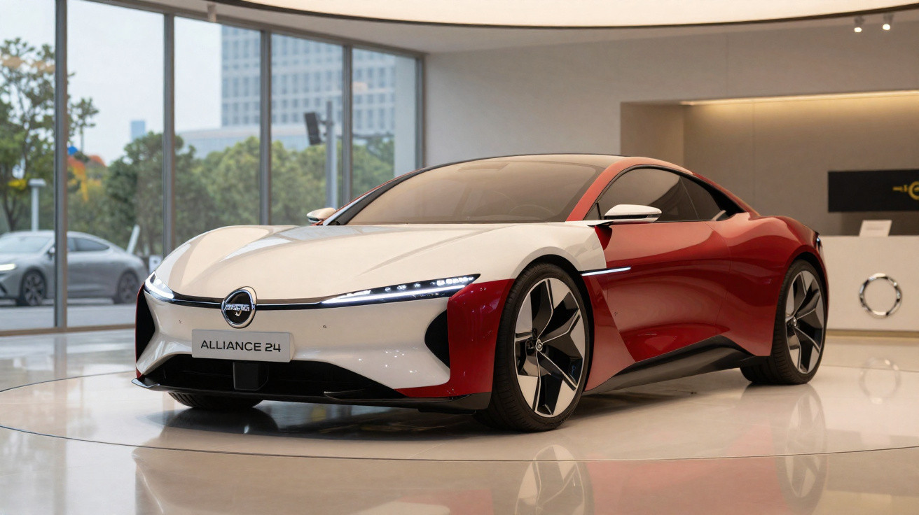 Carro desportivo elétrico branco e vermelho, modelo Alliance 24, em exposição numa sala moderna com vidro.
