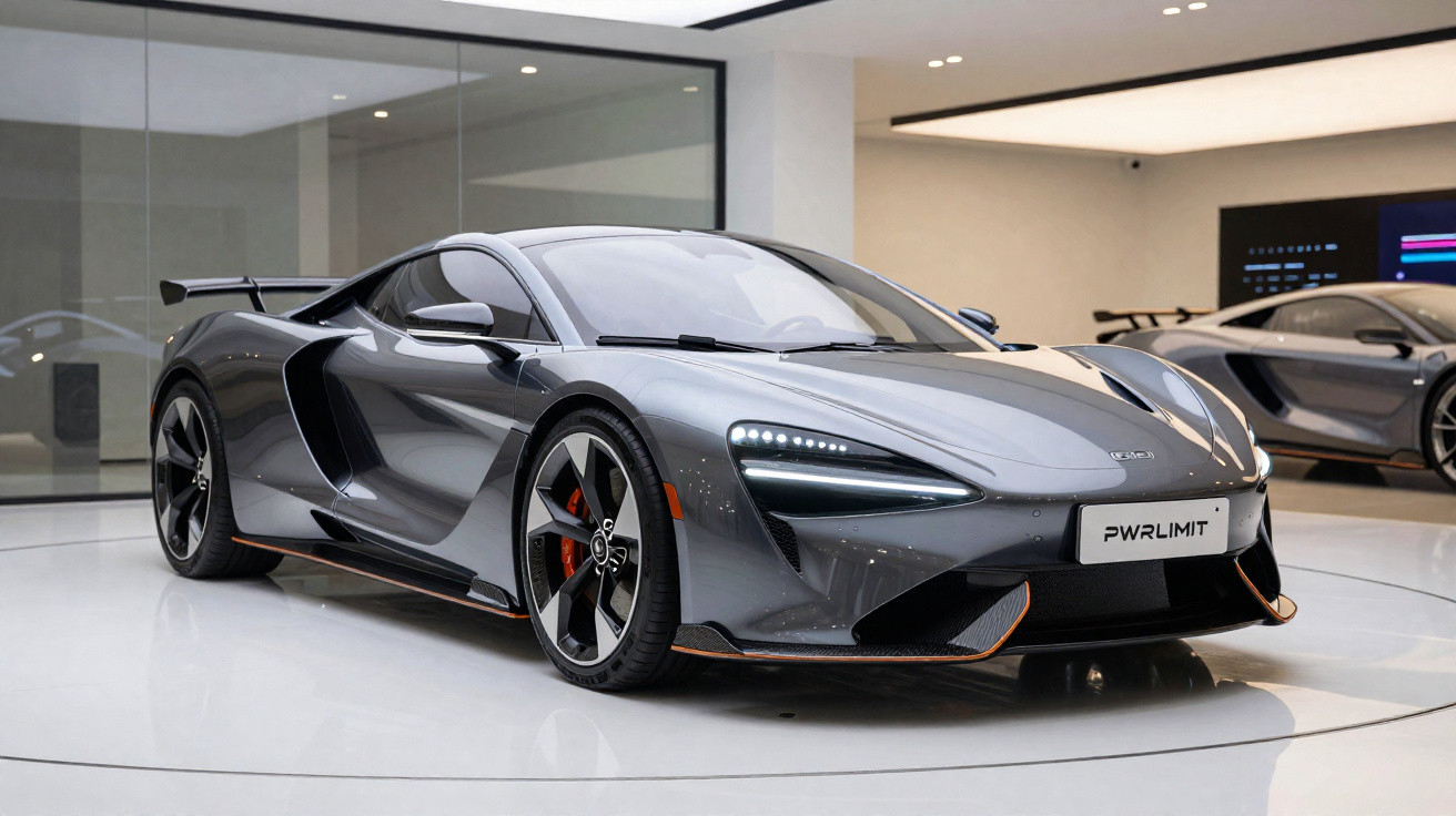 Carro desportivo cinzento brilhante num showroom moderno com outro carro e espelhos ao fundo.