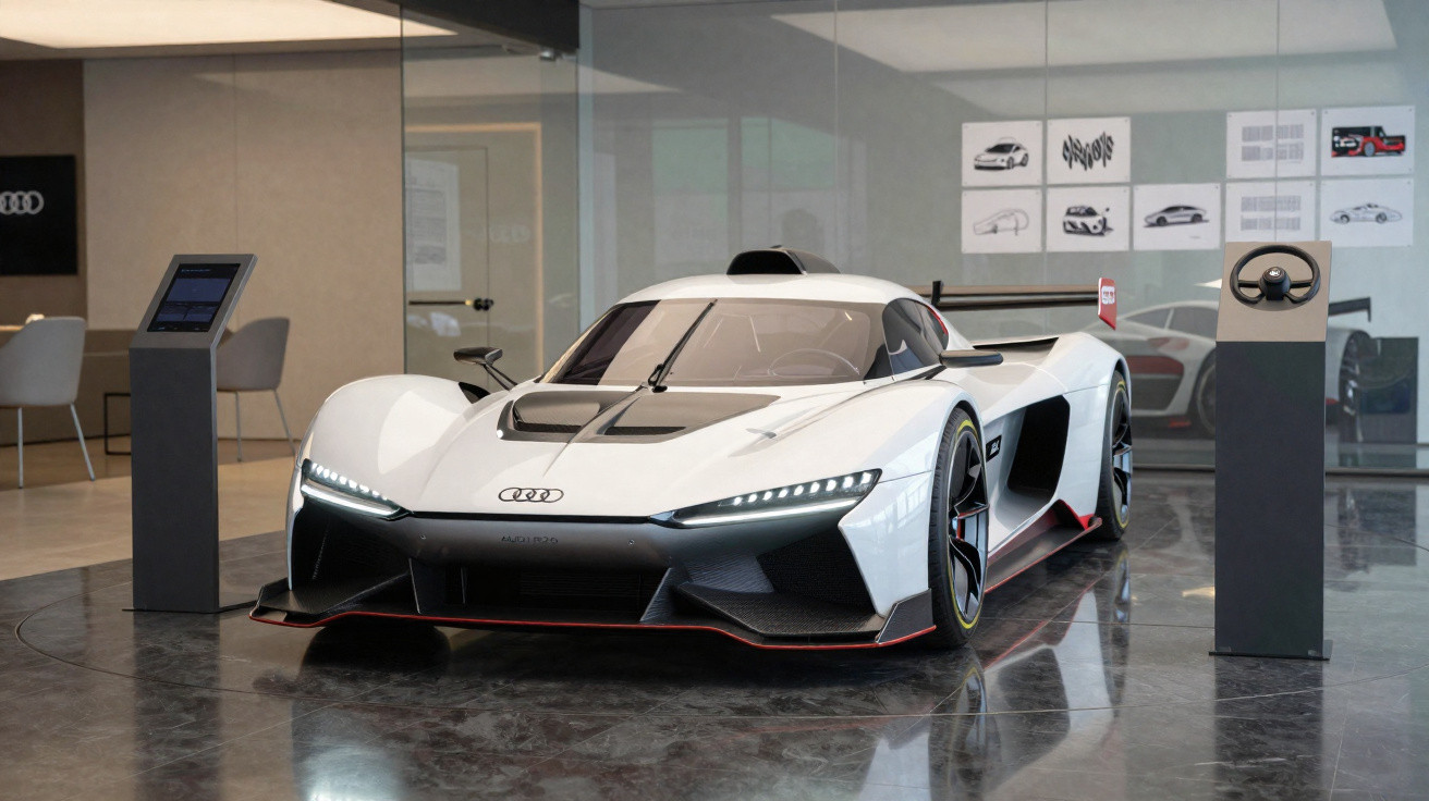 Carro de Fórmula 1 Audi R26 prateado exibido numa sala moderna com paredes de vidro.