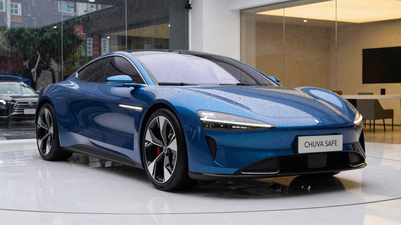 Carro elétrico desportivo azul num showroom, com luzes dianteiras acesas e chuva na carroçaria.
