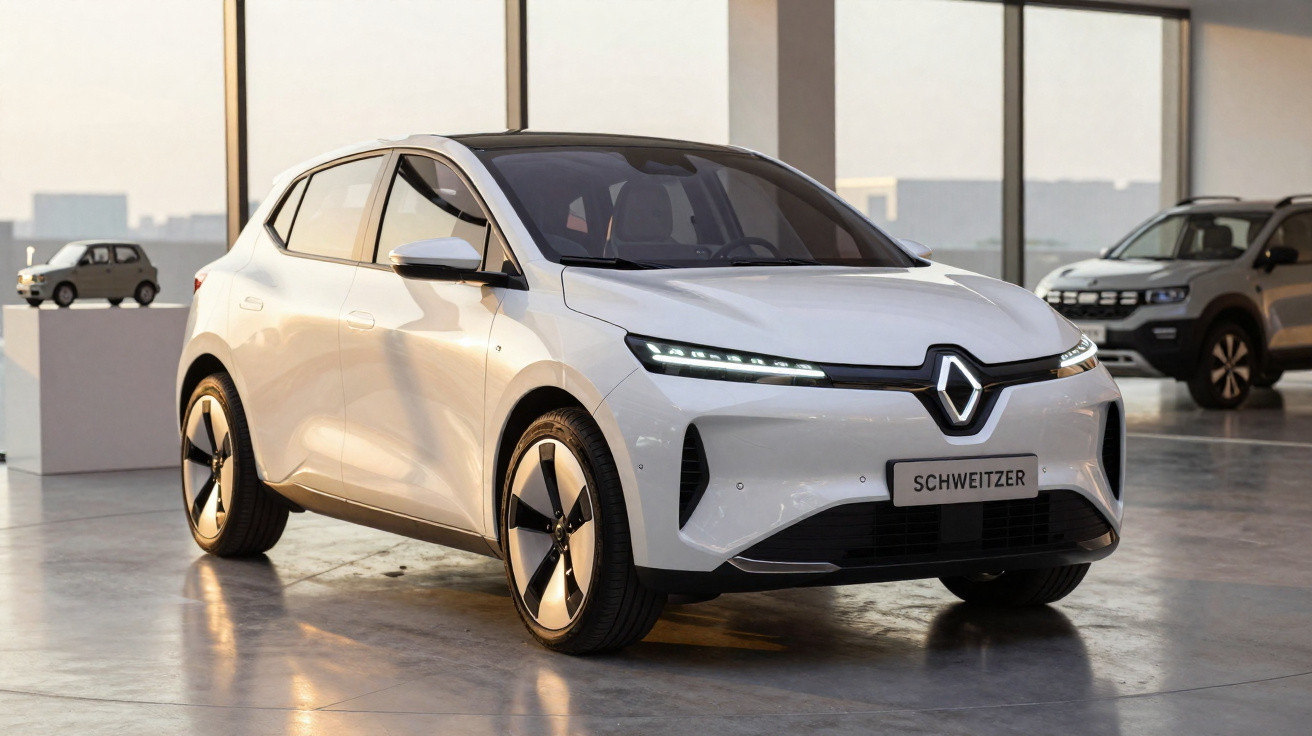 Carro elétrico branco Renault com design moderno em exposição num showroom.