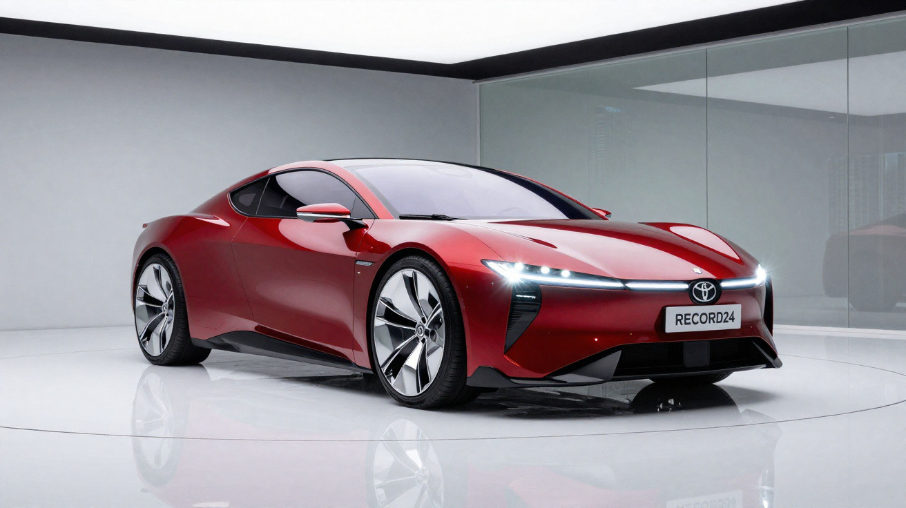 Carro desportivo elétrico vermelho da Toyota em ambiente minimalista com iluminação branca.
