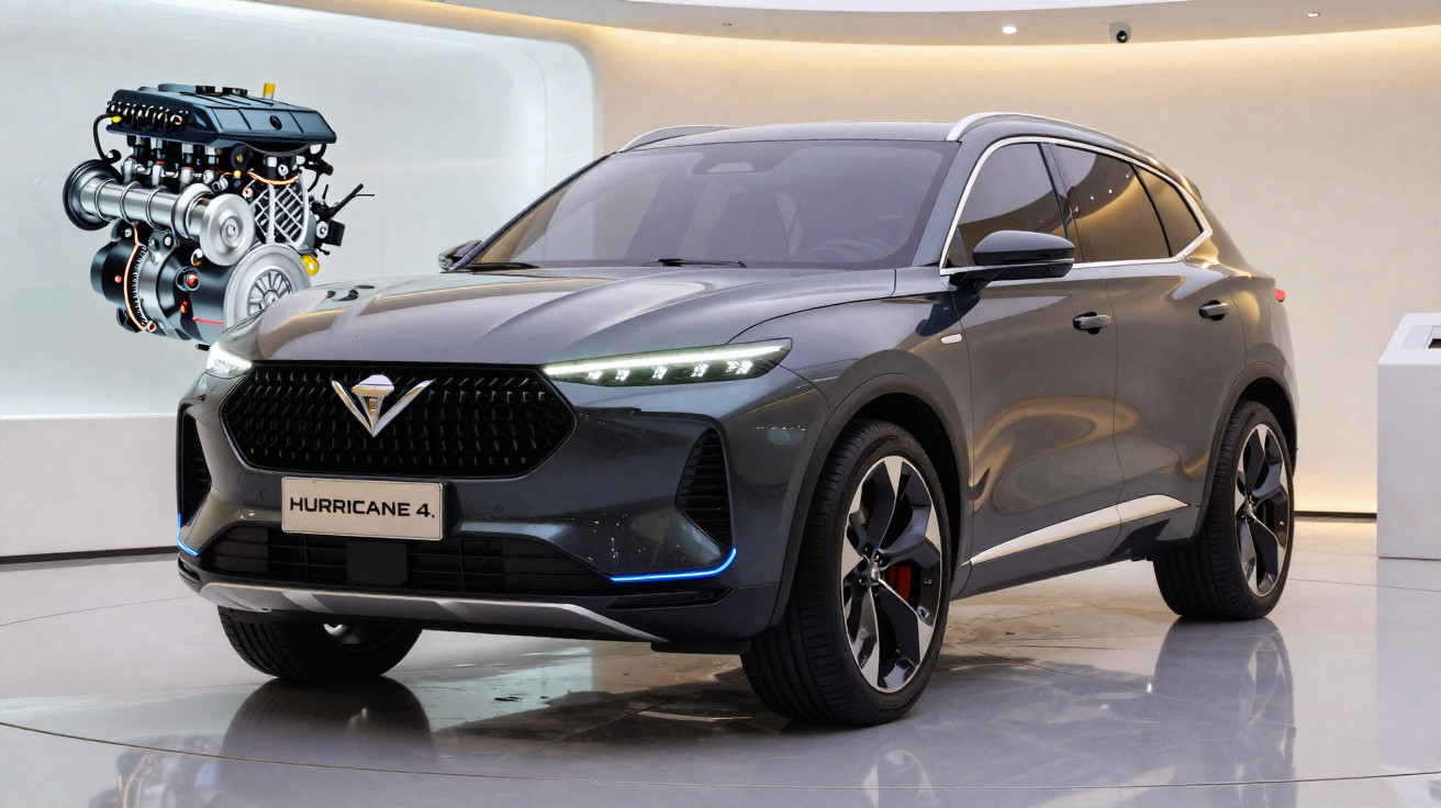 Carro elétrico cinzento Hurricane 4 em exposição dentro de uma sala moderna com motor em destaque.
