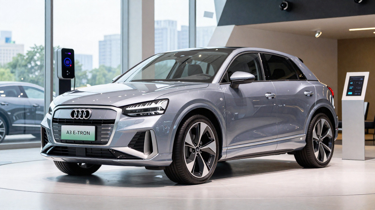 Carro eléctrico Audi A3 e-tron prateado estacionado numa concessionária moderna com grandes janelas.