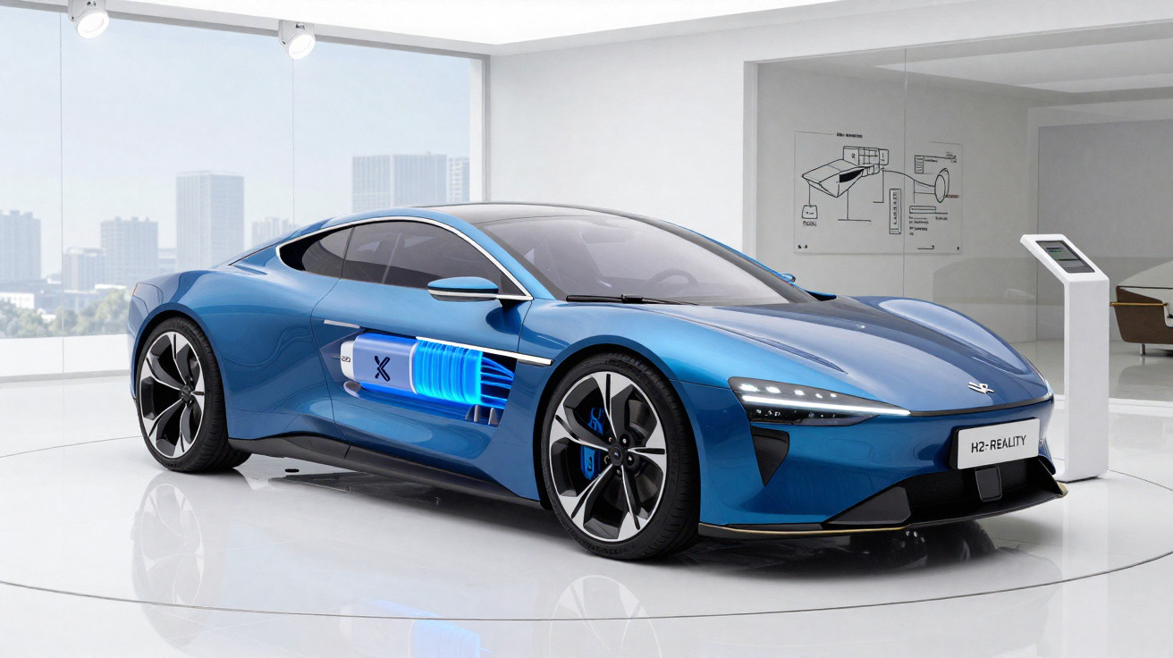 Carro desportivo elétrico azul com design futurista e bateria visível na porta, exposto em sala moderna branca.
