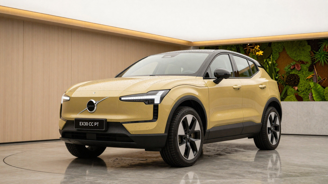 SUV Volvo EX30 dourado em destaque numa sala minimalista com iluminação suave e parede decorativa verde.