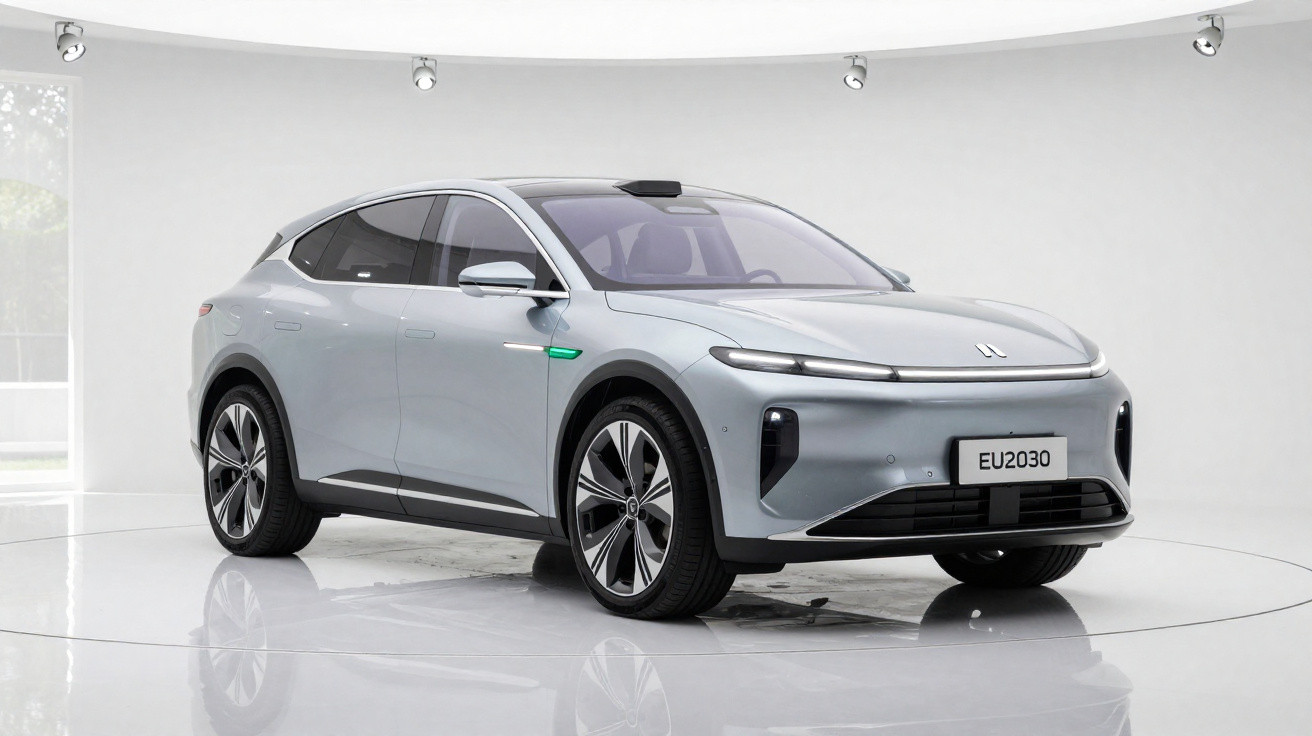 Carro elétrico moderno cinza claro estacionado num espaço minimalista branco com janelas grandes.