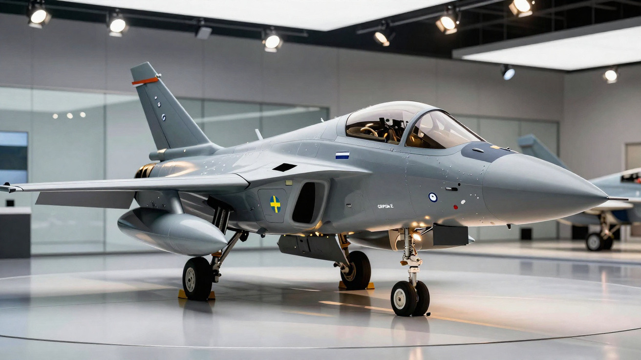 Caça militar cinzento da Suécia exposto num interior moderno com luzes de teto refletidas no chão brilhante.