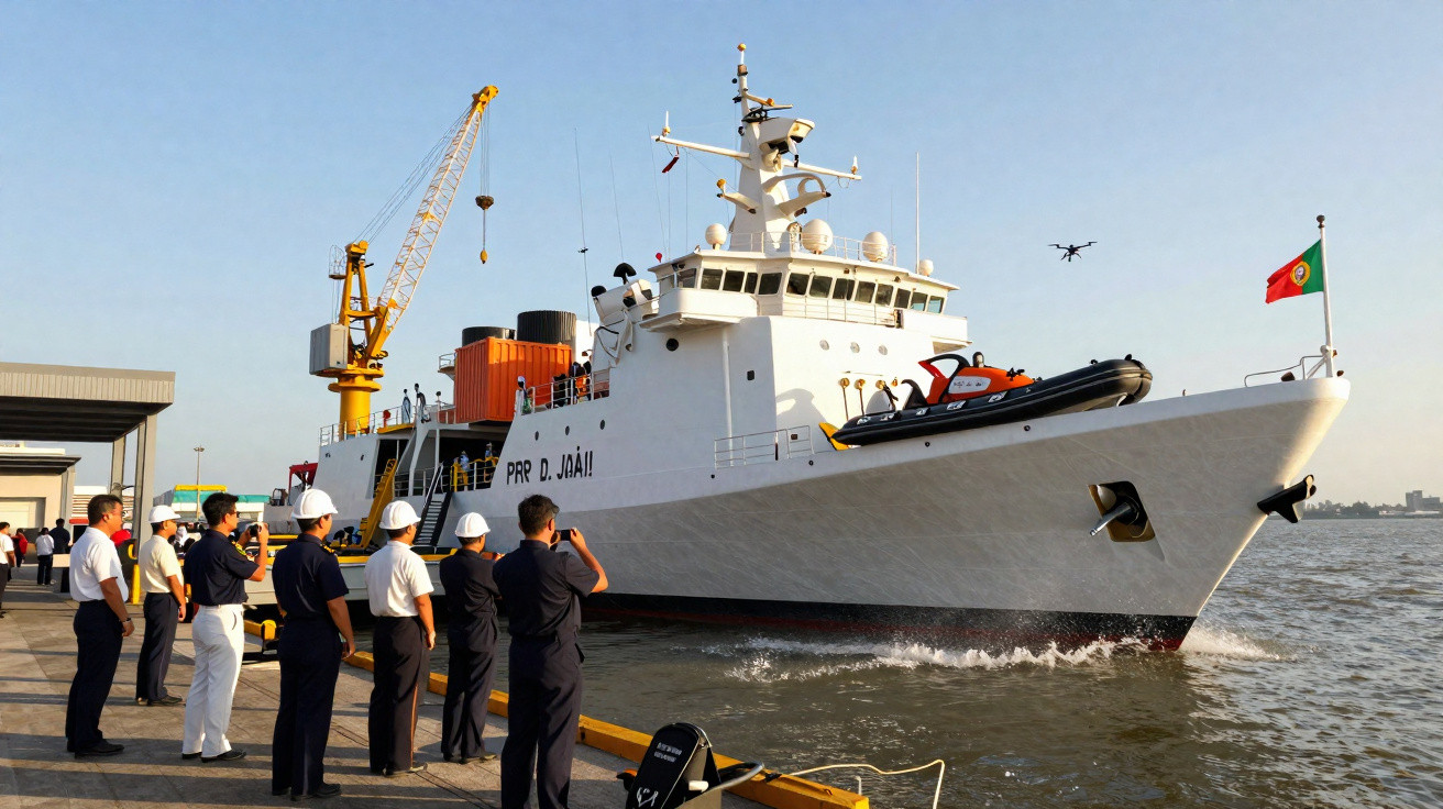 Navio D. João atracado no porto com tripulação a observar e fotógrafo a tirar fotos.