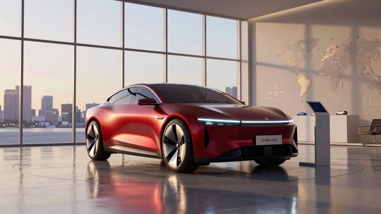 Carro elétrico vermelho de design futurista numa sala ampla com grandes janelas e vista para a cidade.