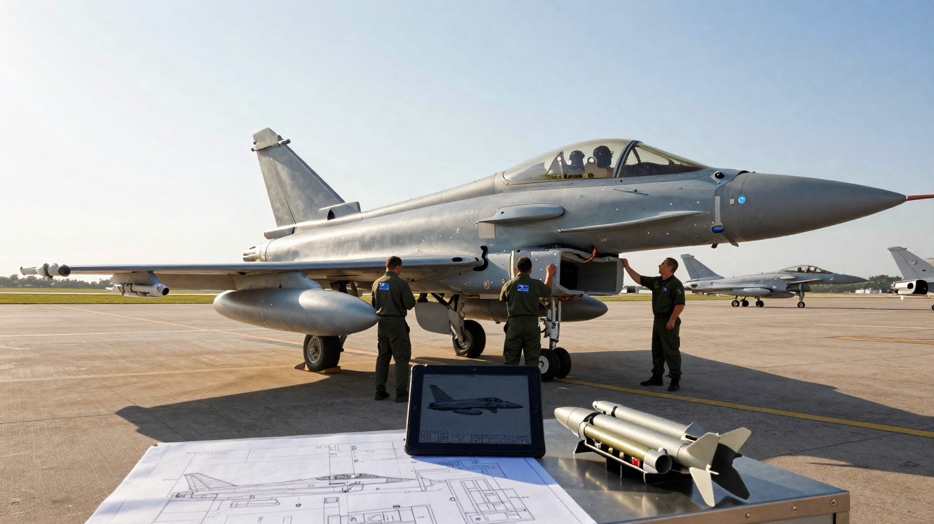 Caça militar estacionado em pista enquanto três técnicos em uniformes verificam o motor.