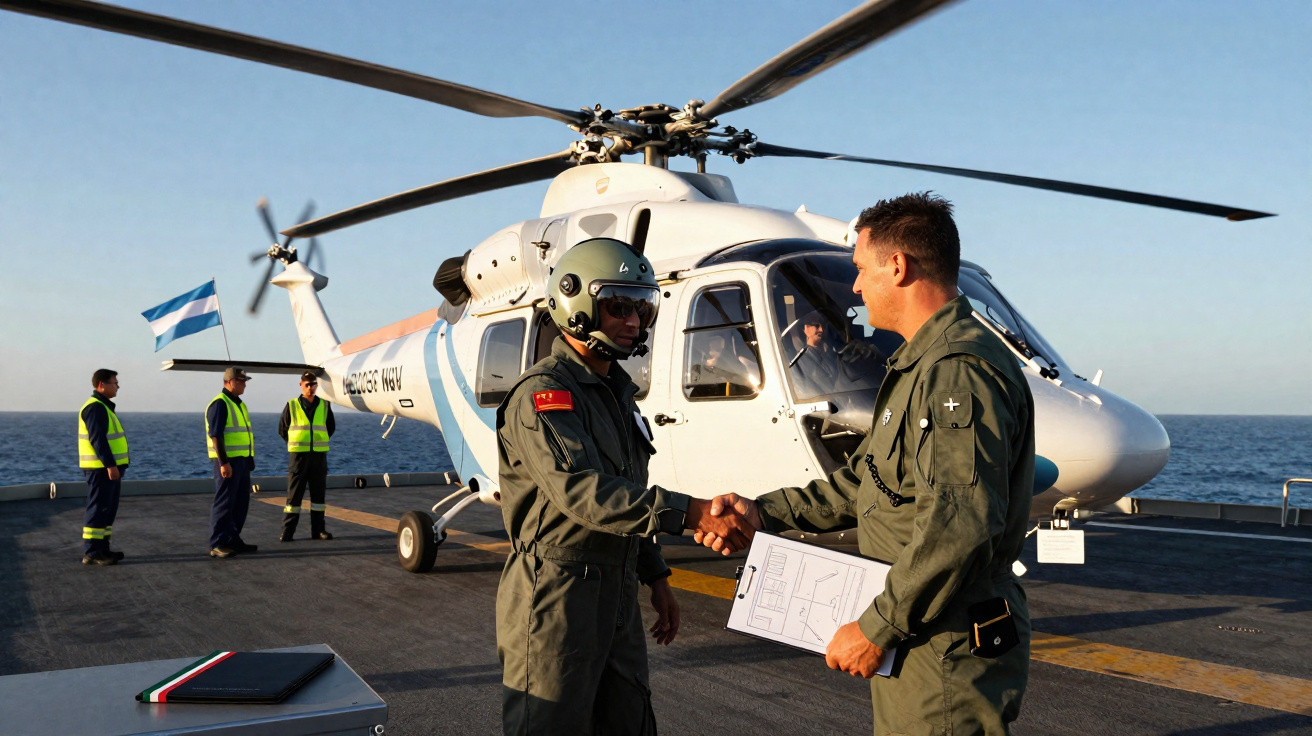 Dois militares cumprimentam-se em frente a um helicóptero num convés naval, com mar ao fundo.