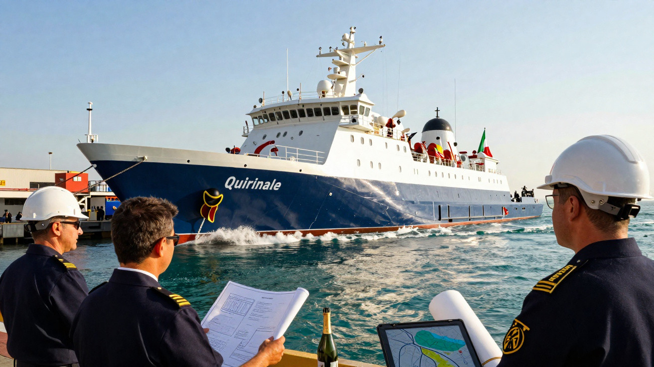 Cinco marinheiros com capacetes observam o navio Quirinale que navega próximo ao cais em porto.