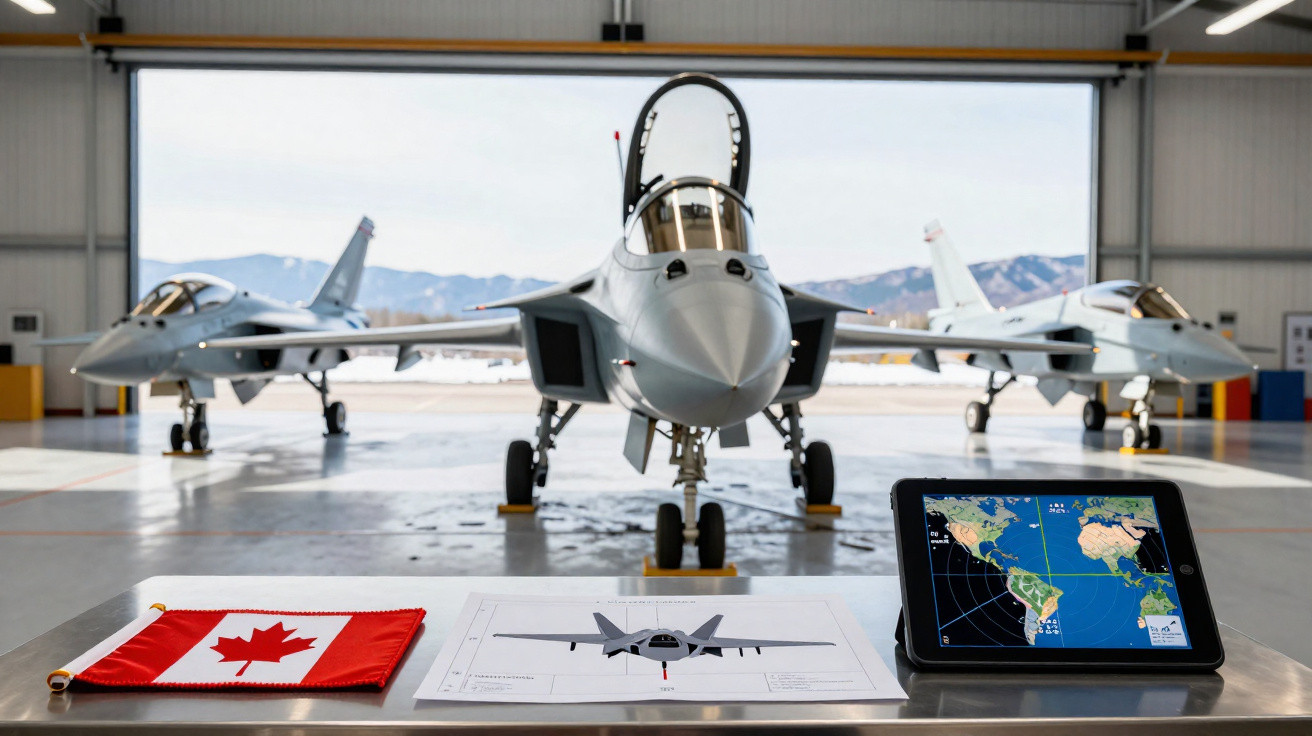 Três caças militares num hangar com montanhas nevadas ao fundo, e equipamento de controlo no primeiro plano.
