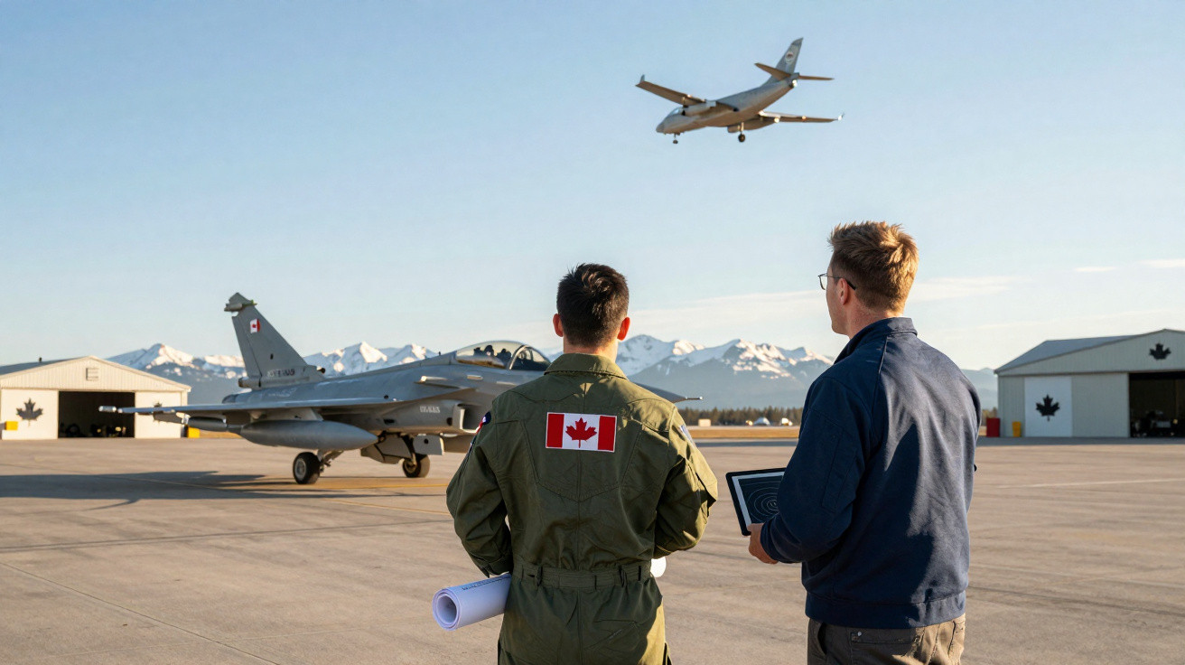 Dois militares canadianos observam jato militar no aeroporto com avião comercial a descolar numa paisagem montanhosa.