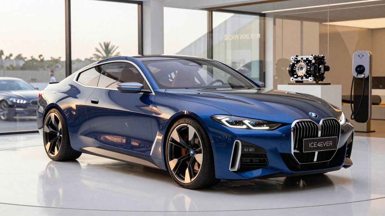 Carro desportivo azul BMW estacionado num ambiente moderno com grandes janelas e iluminação natural.