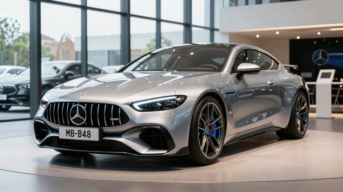 Carro desportivo Mercedes-Benz prata exposto numa sala de showroom com janelas amplas ao fundo.