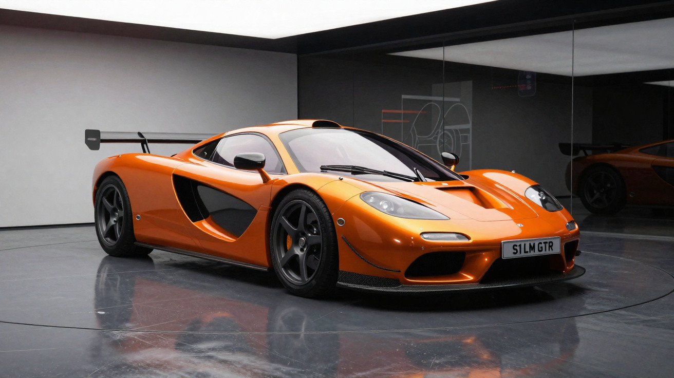 Carro desportivo laranja McLaren S1 LM GTR em exposição numa sala com espelhos.