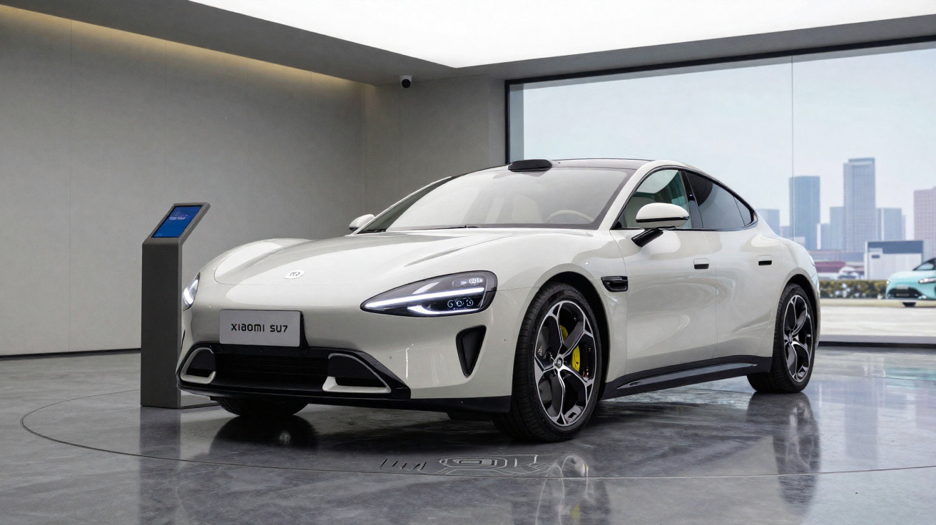 Carro elétrico branco Xiaomi SU7 estacionado num showroom moderno com luzes LED ligadas.