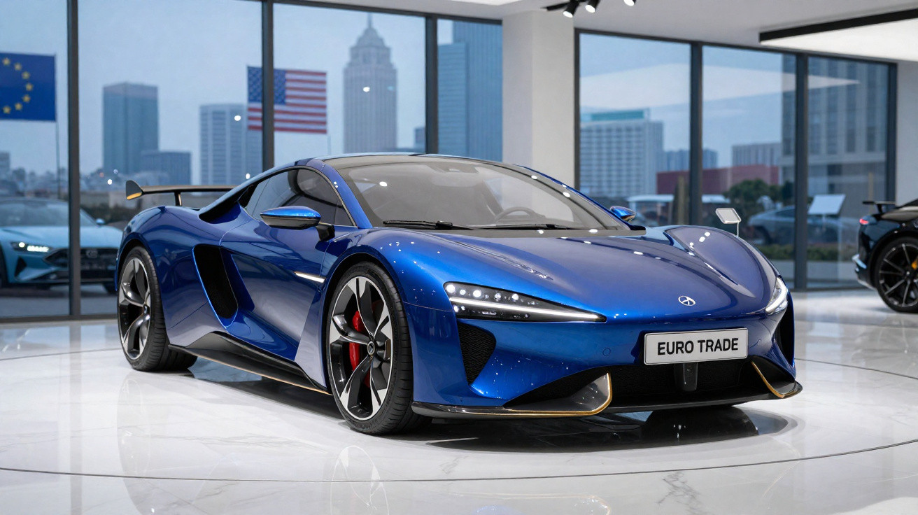 Carro desportivo elétrico azul brilhante exibido numa sala com janelas grandes e vista urbana ao fundo.