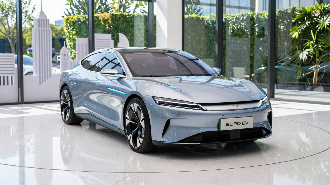Carro elétrico prateado Euro VV estacionado num espaço moderno com vista para a cidade e parede verde.