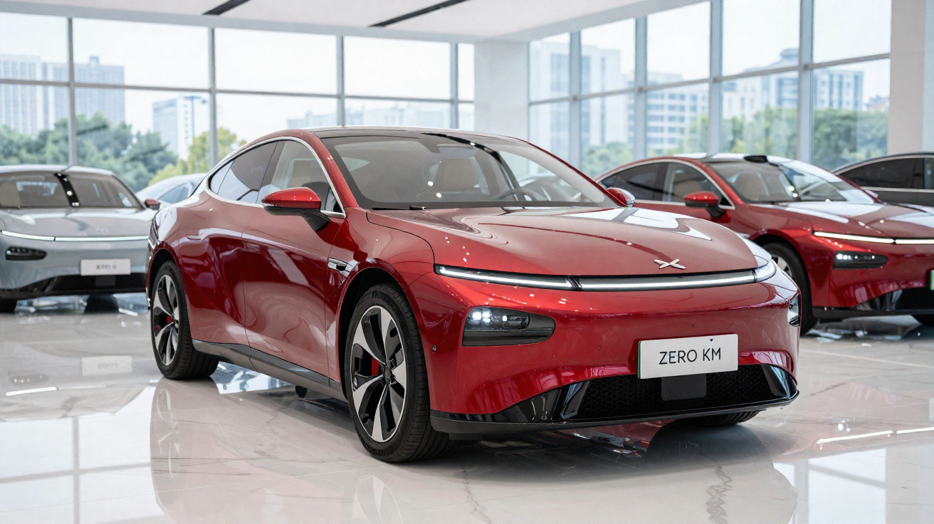 Carro elétrico desportivo vermelho em exposição numa sala com chão refletor e outros carros ao fundo.