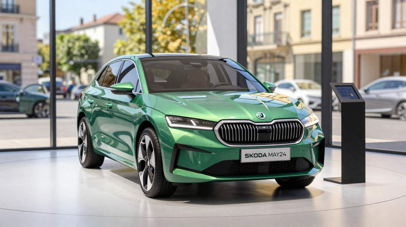 Carro elétrico Škoda May24 verde exposto em showroom com janelas panorâmicas e outros veículos ao fundo.