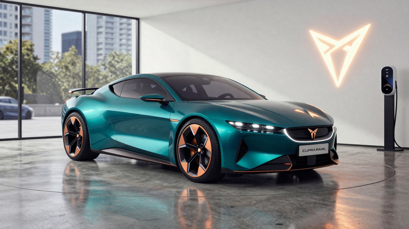Carro elétrico desportivo Cupra Tavascán verde metálico numa sala com carregador e logótipo iluminado na parede.