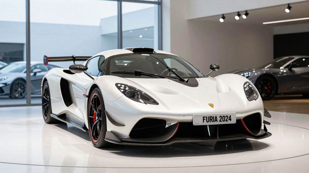 Carro desportivo branco Furia 2024 com detalhes pretos, em exposição num showroom moderno e espaçoso.
