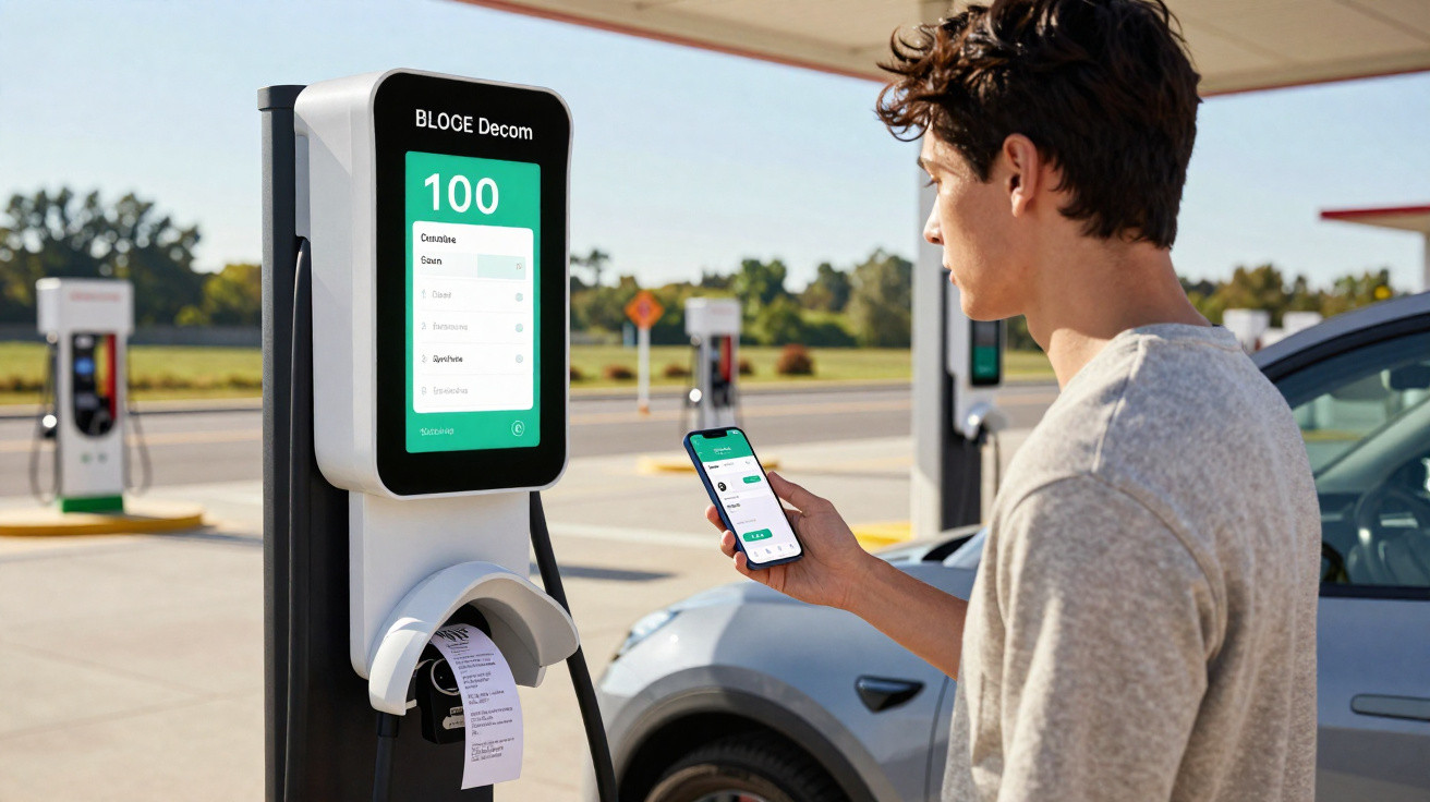 Homem utiliza smartphone para monitorizar carregamento de carro elétrico numa estação pública.
