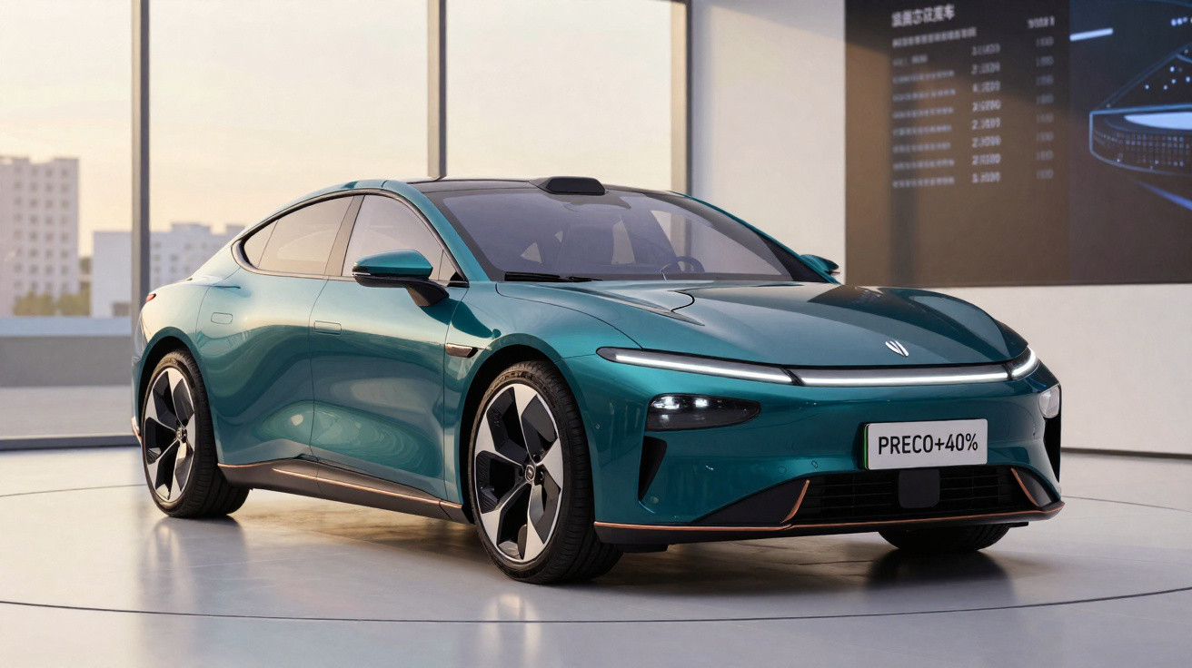 Carro desportivo elétrico verde em exposição num espaço com janelas grandes e placa "PREÇO +40%".