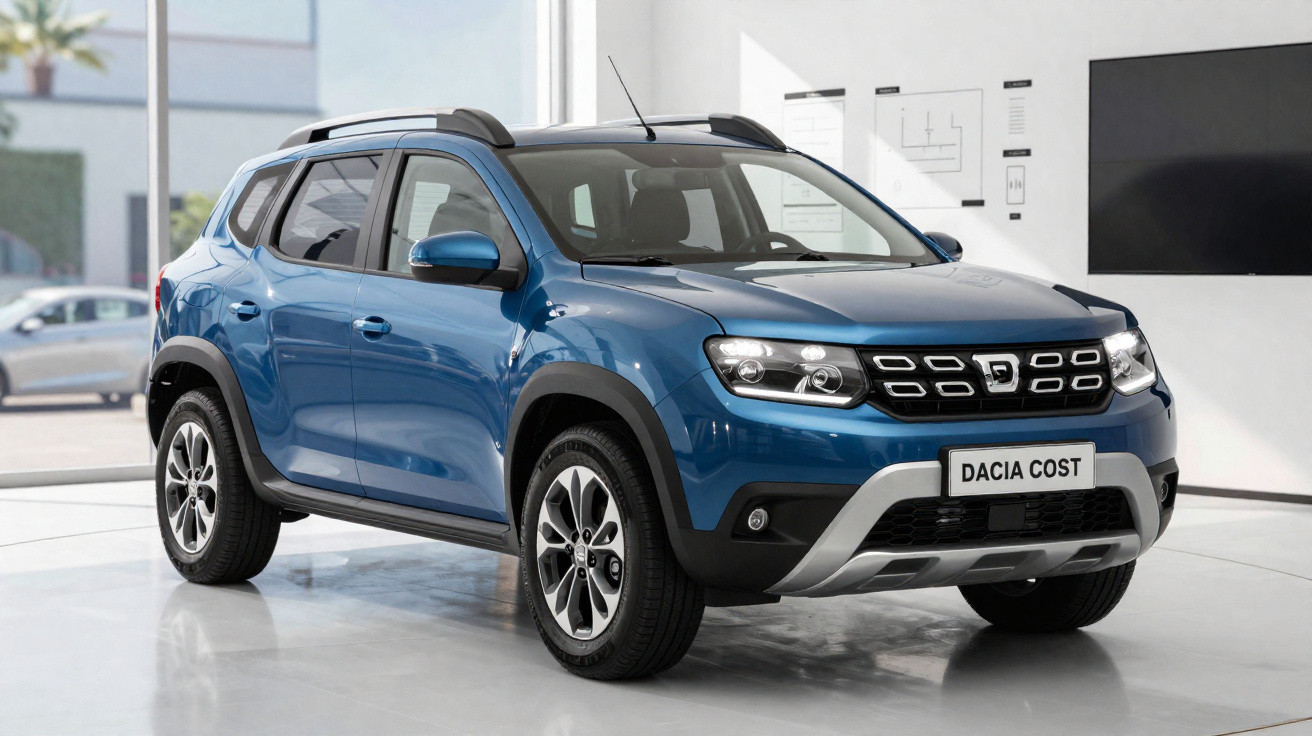 SUV Dacia azul estacionado em showroom com luz natural a iluminar o veículo moderno e robusto.