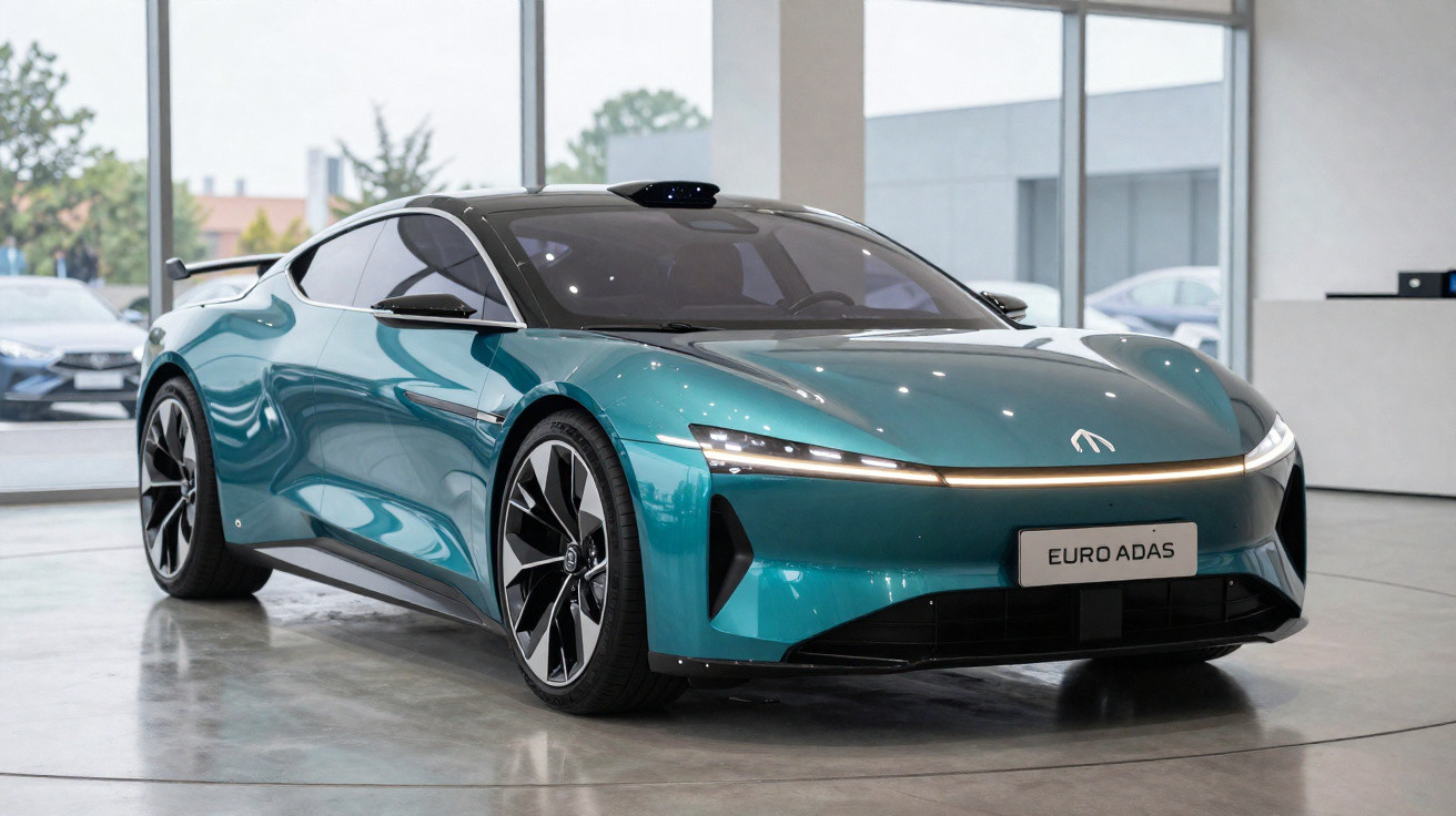 Carro desportivo elétrico azul metálico com design futurista exposto num showroom moderno.