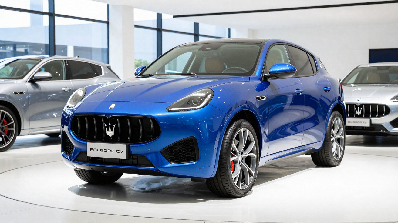 Carro elétrico Maserati Folgore EV azul numa exposição, com design moderno e grelha frontal distinta.
