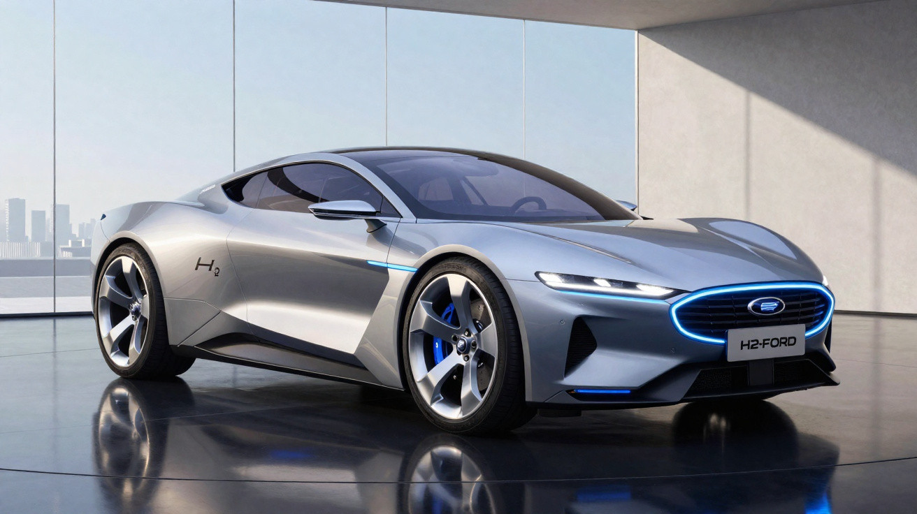 Carro desportivo prateado com design futurista e detalhes azuis numa garagem moderna com grandes janelas.