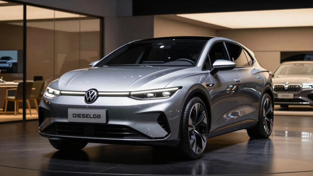 Carro elétrico Volkswagen cinzento exposto em salão automóvel moderno com iluminação ambiente.