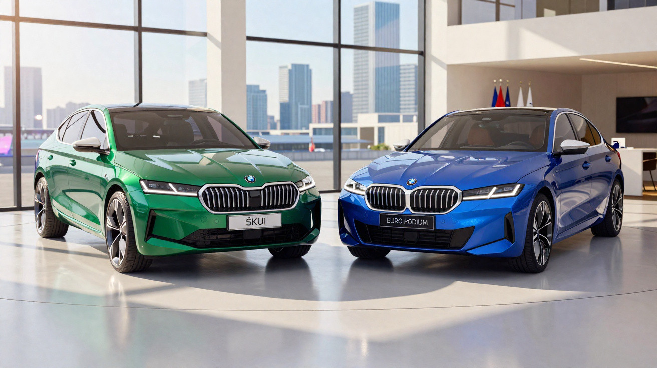 Dois carros BMW, um verde e um azul, exibidos num salão moderno com janelas amplas e vista para prédios altos.