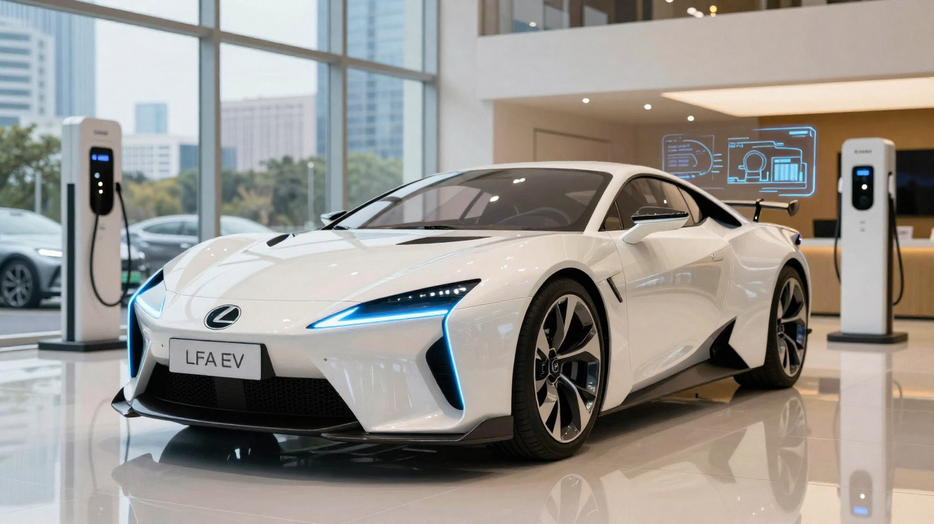 Carro elétrico branco Lexus LFA EV em showroom moderno com estações de carregamento e gráficos digitais no fundo.