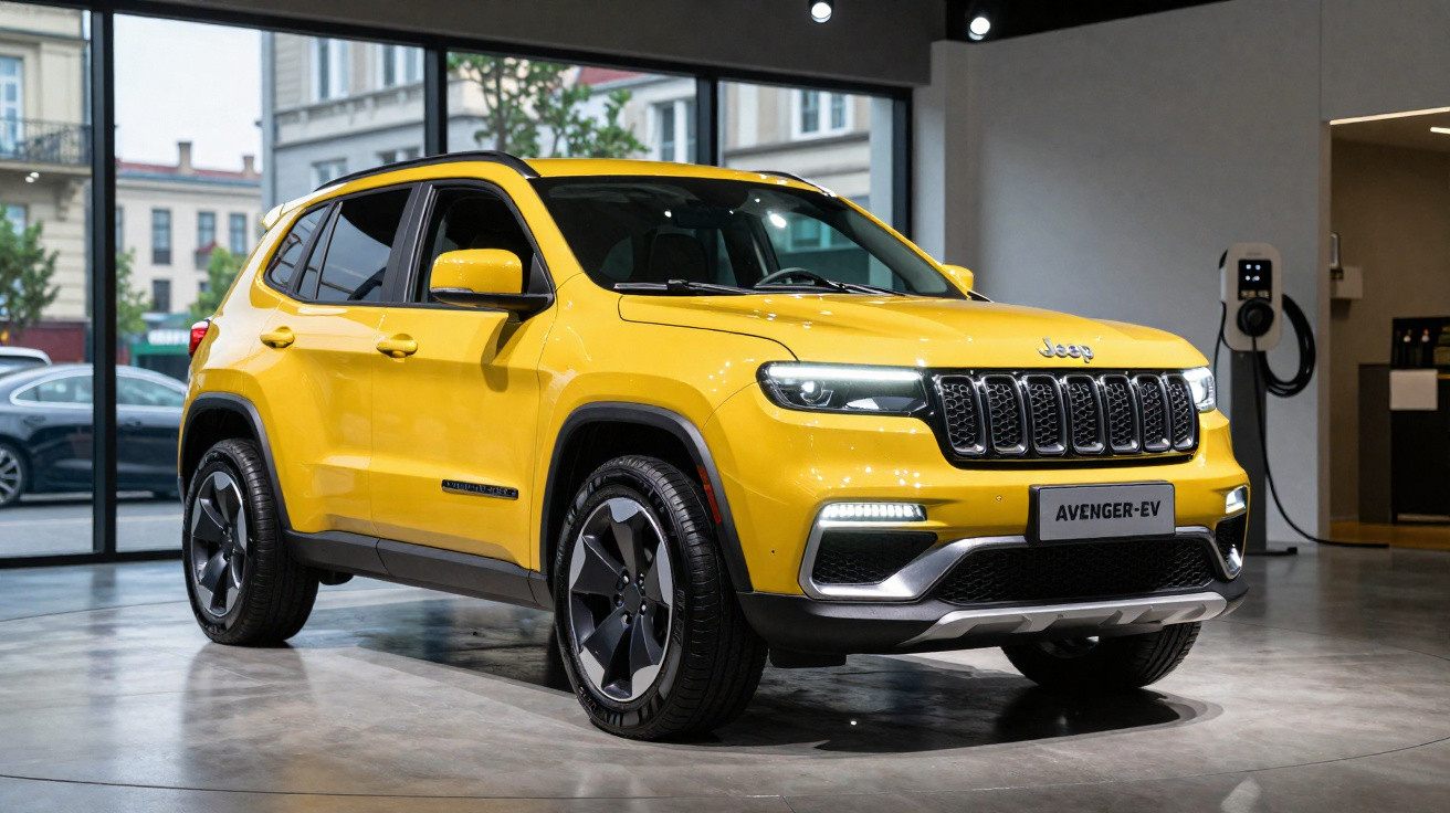 SUV elétrico Jeep Avenger amarelo em exposição num salão moderno com posto de carregamento elétrico.