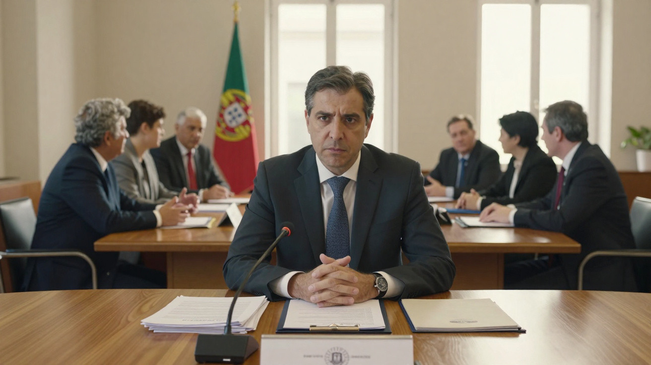 Homem de fato sentado à frente de mesa com documentos, seis pessoas ao fundo e bandeira de Portugal visível.