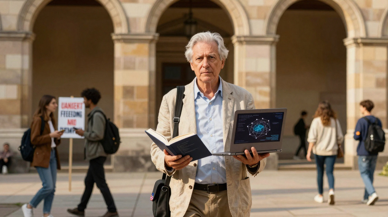 Homem idoso com livro e portátil, em ambiente académico com estudantes e cartazes ao fundo.